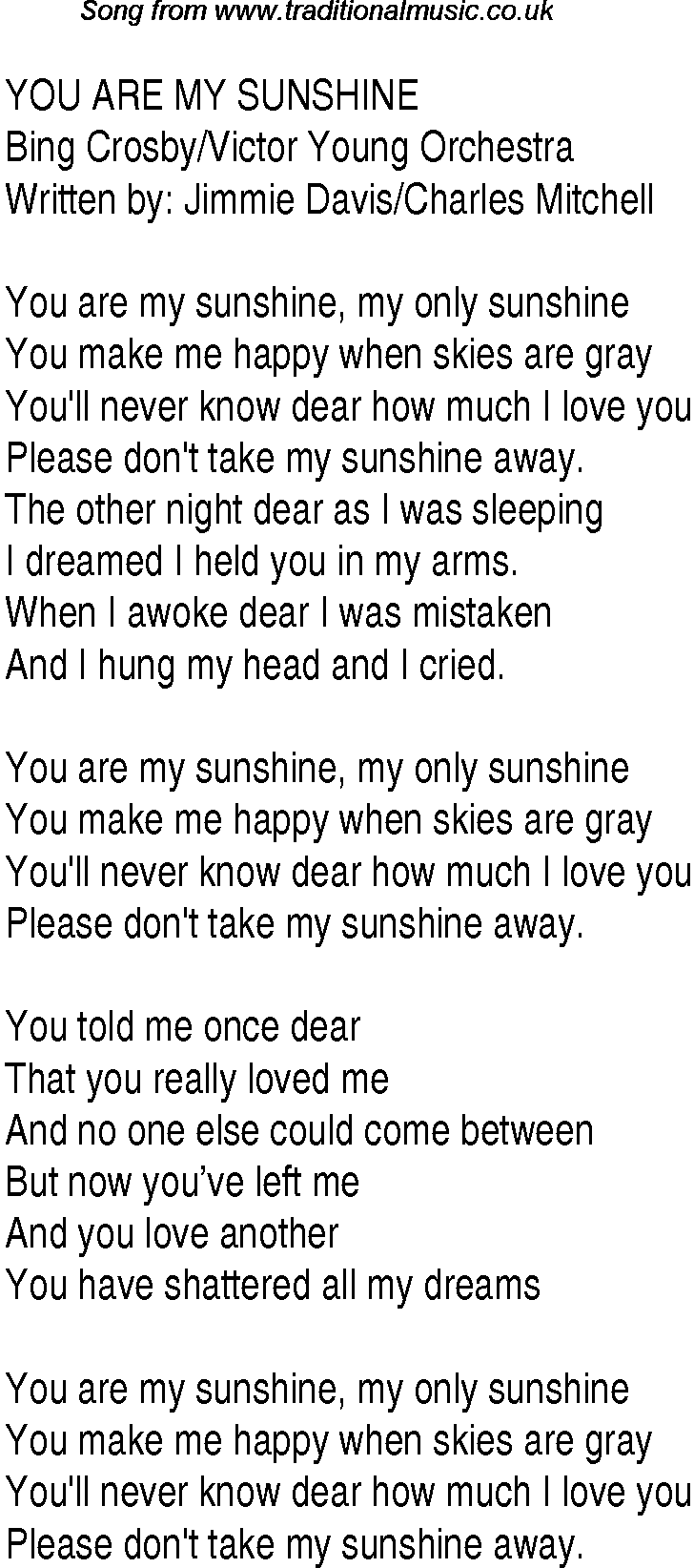 Lyrics Center You Are My Sunshine Song Lyrics