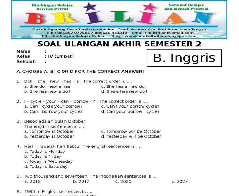 ☀ Download ulangan bahasa inggris kelas v semester semester 2 kunci jawaban images