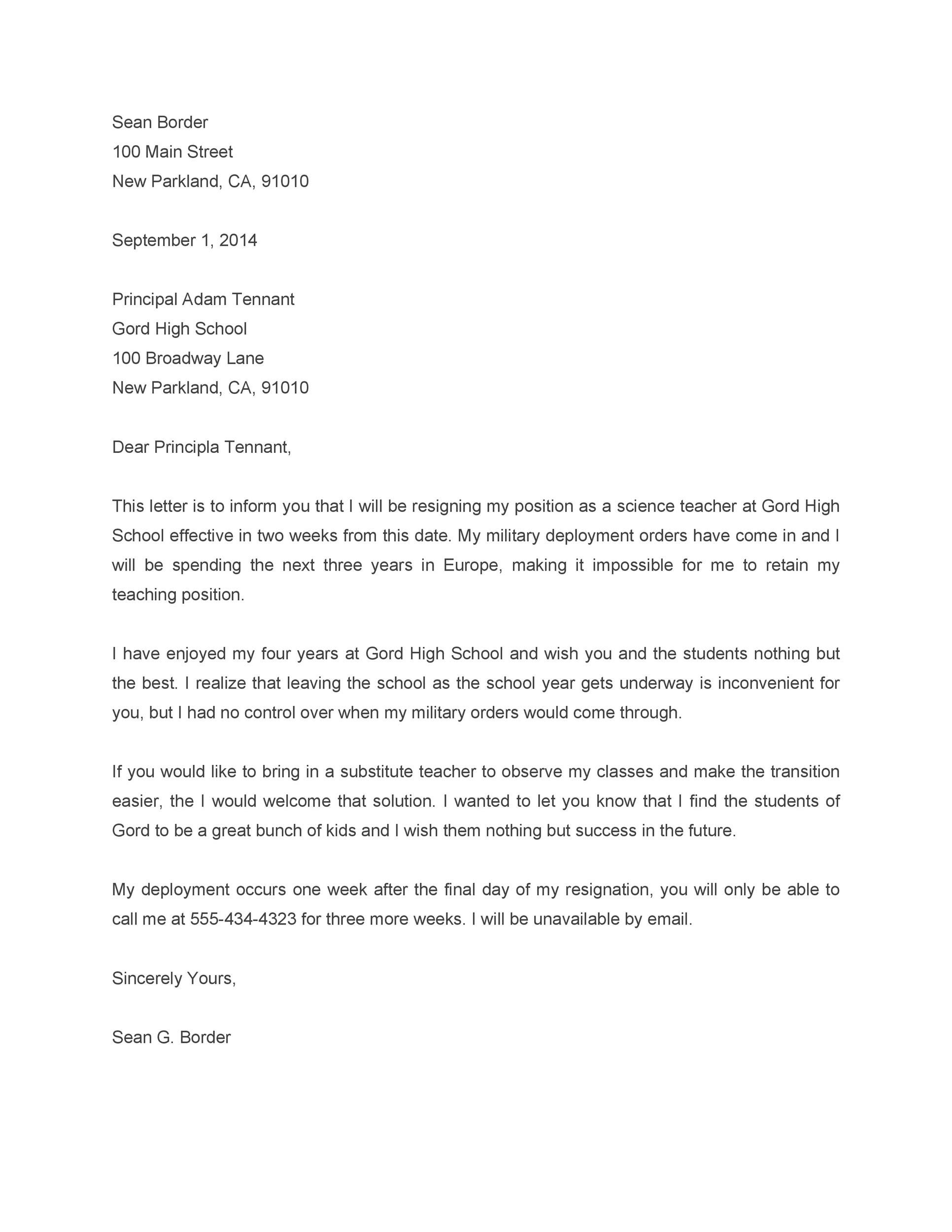 Resignation Letter For A Teacher In School Sample Resignation Letter