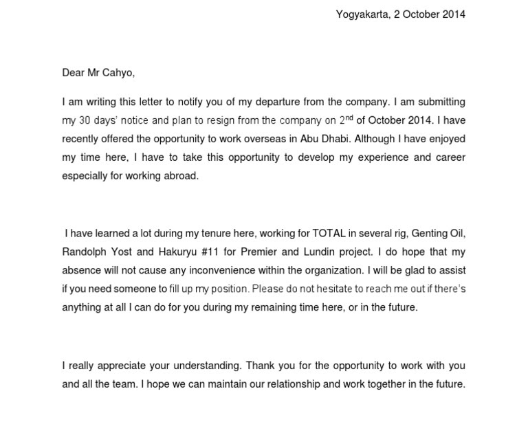 Resignation Letter Due To Work Abroad Sample Resignation Letter
