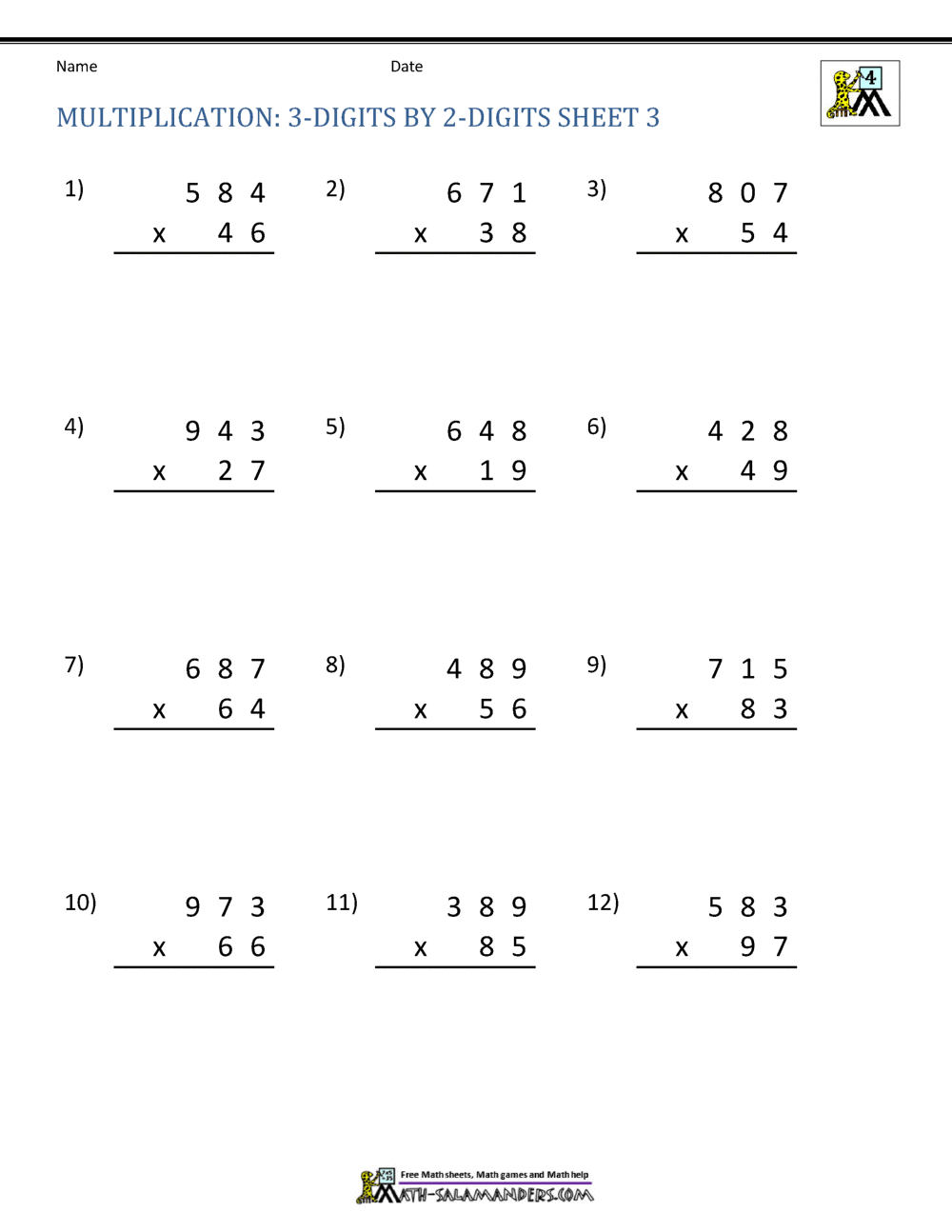 55 MATH WORKSHEETS MULTIPLYING 3 DIGIT NUMBERS