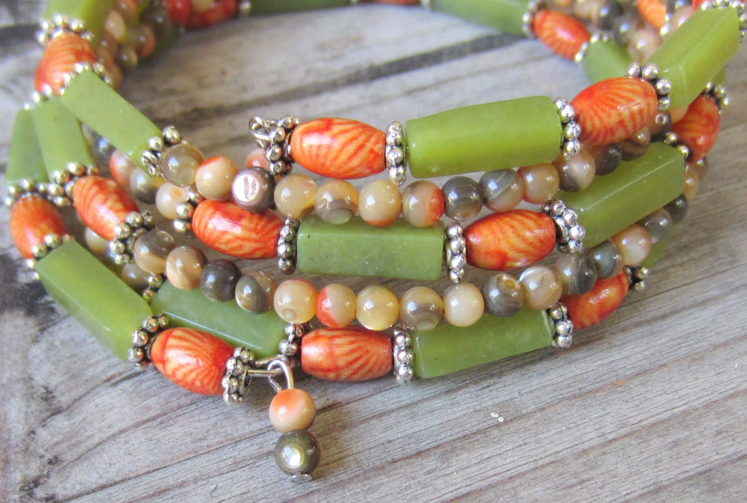 Memory Wire Bracelet in Green and Orange, made of Natural Stone and Wood, Wide Cuff, Stacked, Wrap Around Bracelet - JulepTulip Memory Wire Bracelet in Green and Orange, made of Natural Stone and Wood, Wide Cuff, Stacked, Wrap Around Bracelet - JulepTulip