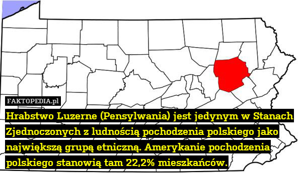 Hrabstwo Luzerne (Pensylwania) – Hrabstwo Luzerne (Pensylwania) jest jedynym w Stanach Zjednoczonych z ludnością pochodzenia polskiego jako największą grupą etniczną. Amerykanie pochodzenia polskiego stanowią tam 22,2% mieszkańców. 