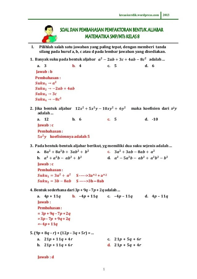 Soal matematika kelas 8 semester 1 dan pembahasannya