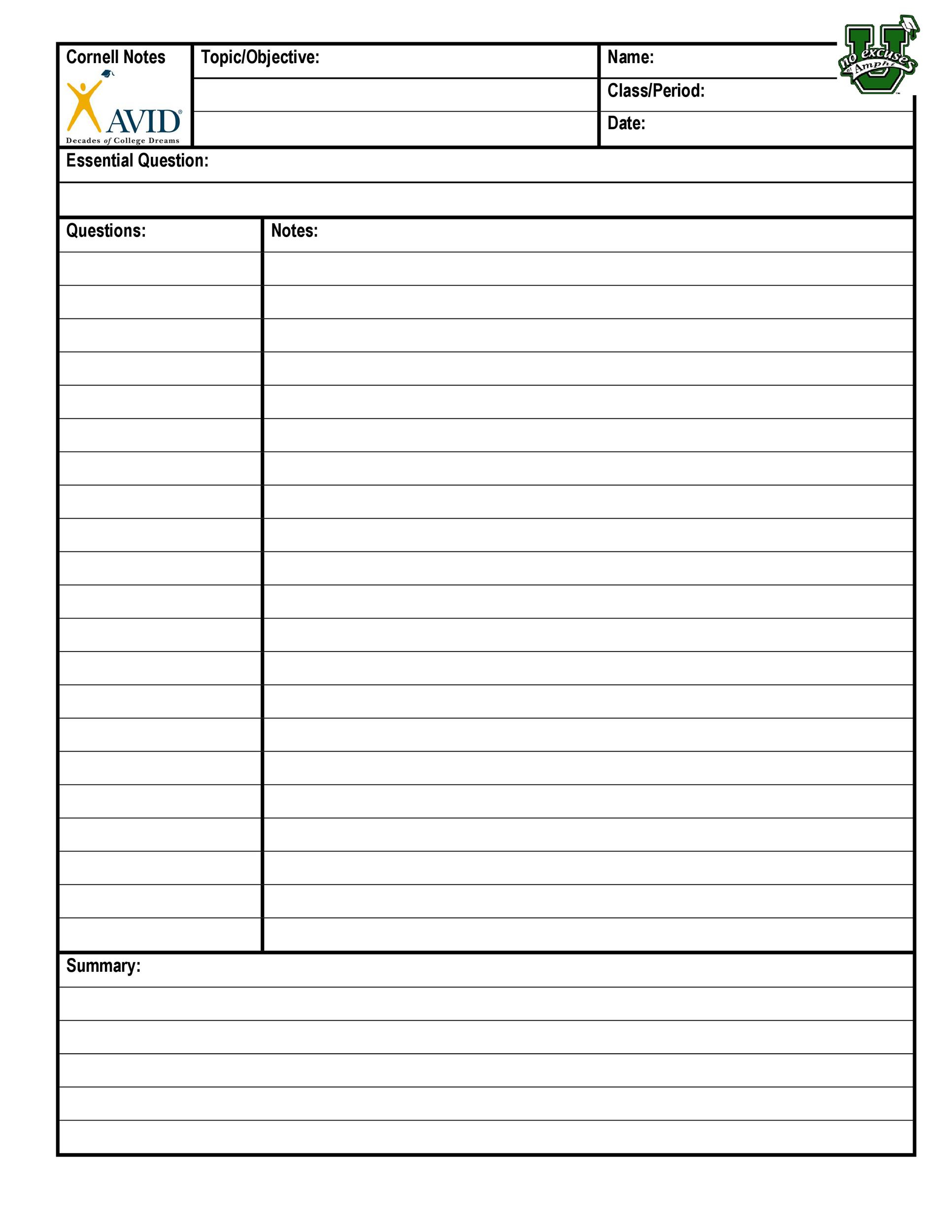 Downloadable Cornell Notes Template Card Template