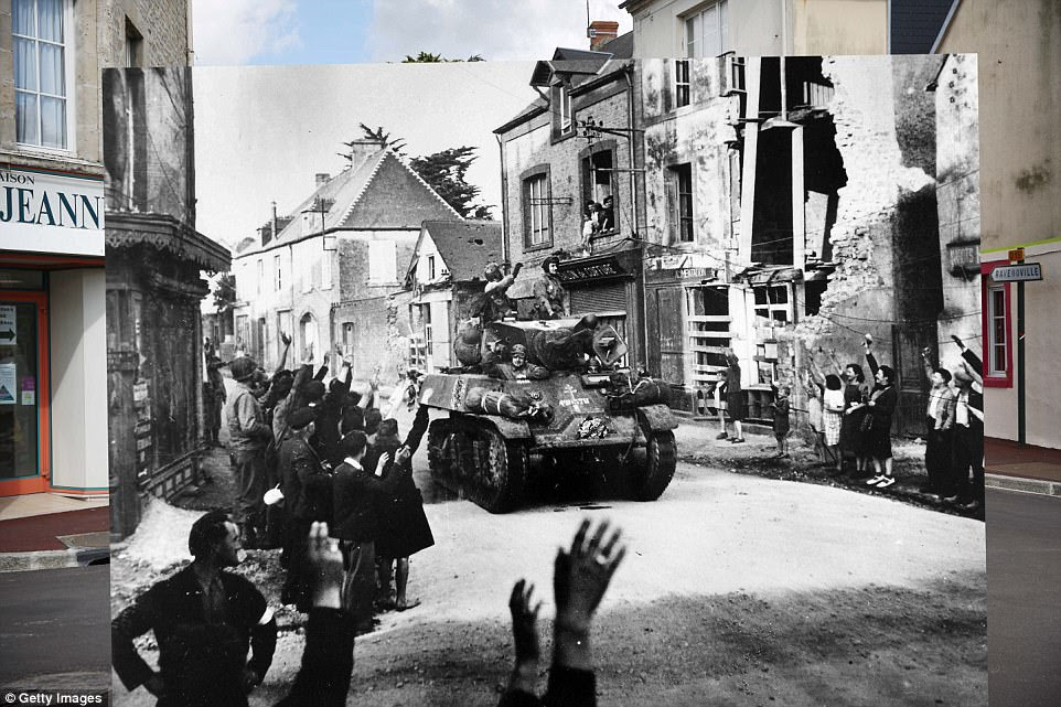 Sainte Mere Eglise, France. 1944: A French armored column passing through the small French town of St Mere Eglise during the Allied invasion of Normandy, gets a warm welcome from the inhabitants. 2014: A view of the modern high street 