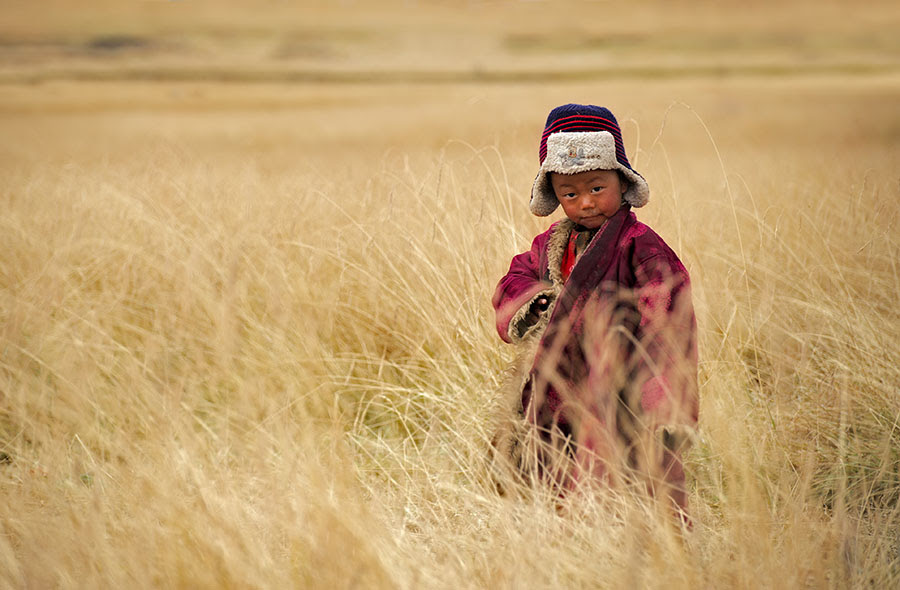 A tibetan kid from a nomad family on the grasslands of the Tibetan plateau