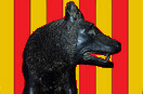 
[image ALT: The head and neck of the Capitoline Wolf, seen in right profile, against a field of nine vertical stripes, the heraldic arms of Catalunya. The image serves as the icon on this site for José Balari y Jovany's 'Influencia de la Civilización Romana en Cataluña'.]
  