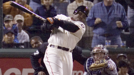 San Francisco's Barry Bonds follows through on his 756th career home run on Aug. 7, 2007. The home run put Bonds in sole possession of first place for Major League Baseball's all-time home run record.