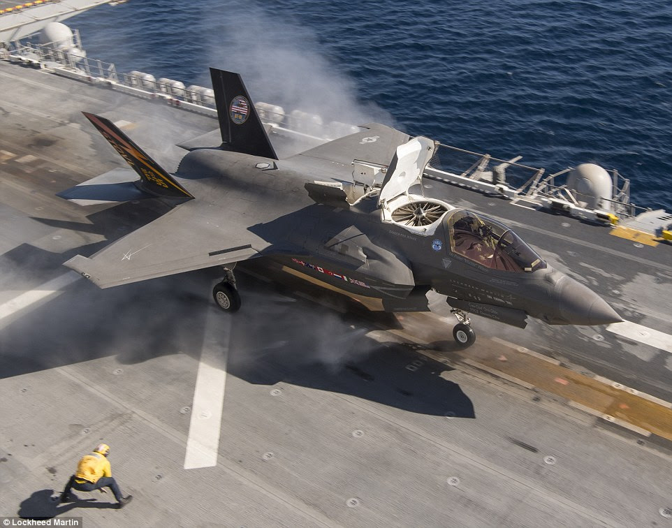 Last year the same BF-01 was pictured aboard the USS America during testing. America is capable of accommodating F-35Bs, MV-22B Osprey tiltrotor aircraft, and a complement of Navy and Marine Corps helicopters. 