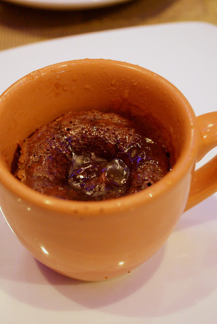 Chocolate souffle in a cup, baked a la minute!
