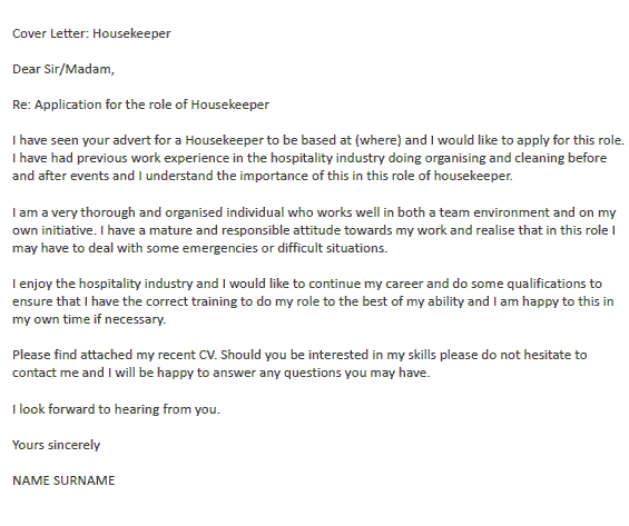 example of application letter for hotel housekeeping
