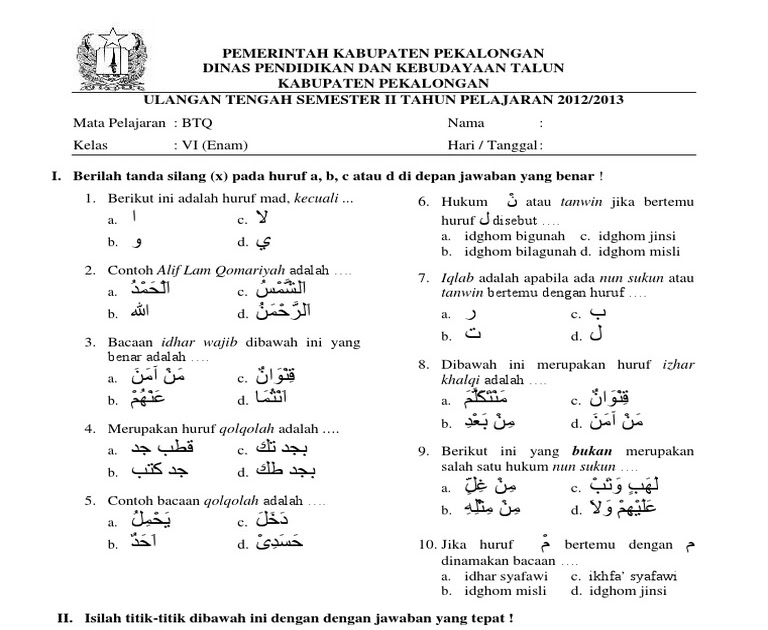 Contoh Soal Btq Kelas 10 Semseter 1 - Dunia Belajar