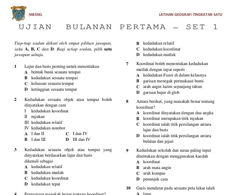 Soalan Ujian Bulanan Geografi Tingkatan 1 - Terengganu v