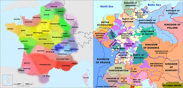 Lnaguages of modern France versus a highly simplified map of the Holy Roman Empire