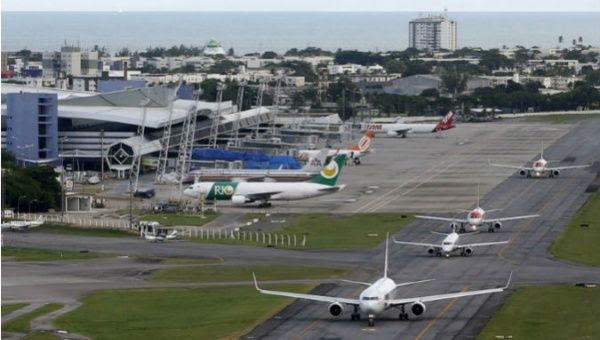 An aerial view of the International Airport of Recife, Brazil.