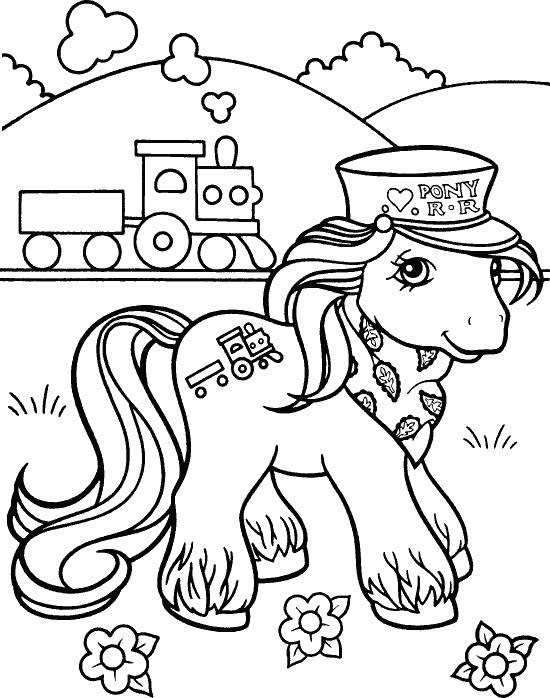 Train conductor My Litle Pony coloring pages with choo-choo train in background.