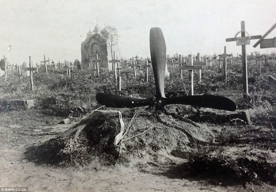 Memorial: A poignant photograph showing a plane propeller being use to mark a pilot's makeshift grave during the First World War 
