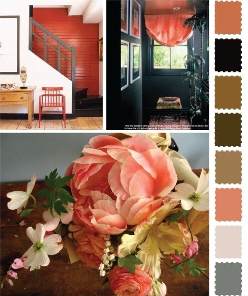 http://www.pinterest.com/pin/235453886742446322/ I've considered this for great room. What I like the most is the peachy colors with white gray and midnight / dark blue. Wonder if the browns would make it even better??