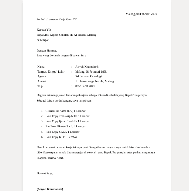 20+ Contoh Surat Lamaran Kerja Via Wa