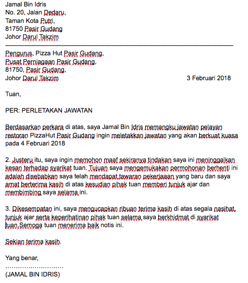 Pemberhentian Contoh Surat Berhenti Kerja Dari Majikan Kepada Pekerja