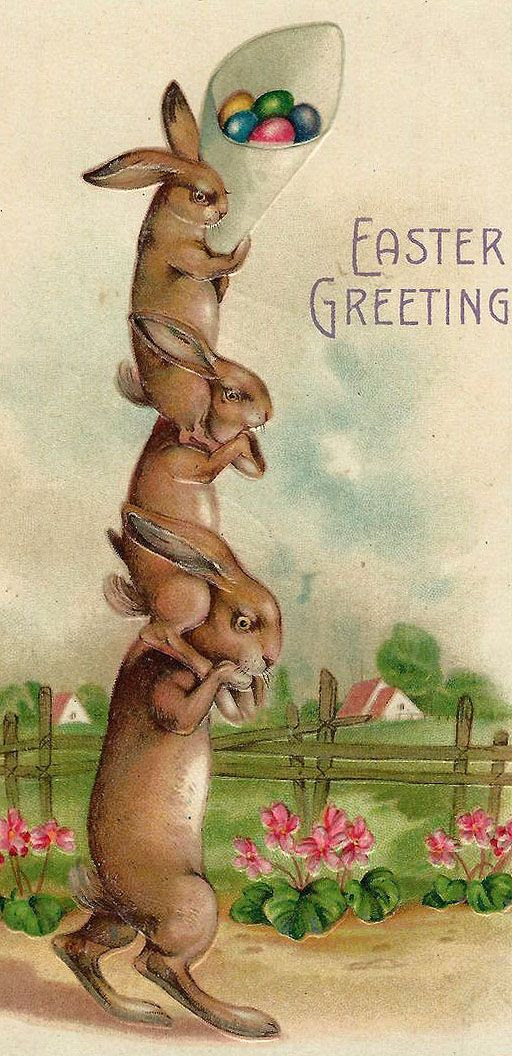 Vintage Easter Card Bunnies on each others shoulders.