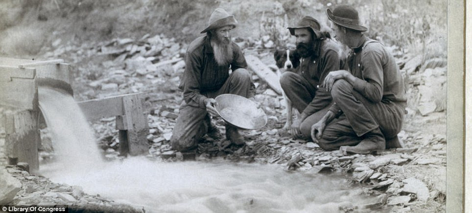 Striking it rich: Washing and panning for gold in Rockerville, Dakota. Three old timers named Spriggs, Lamb and Dillon are pictured in 1889