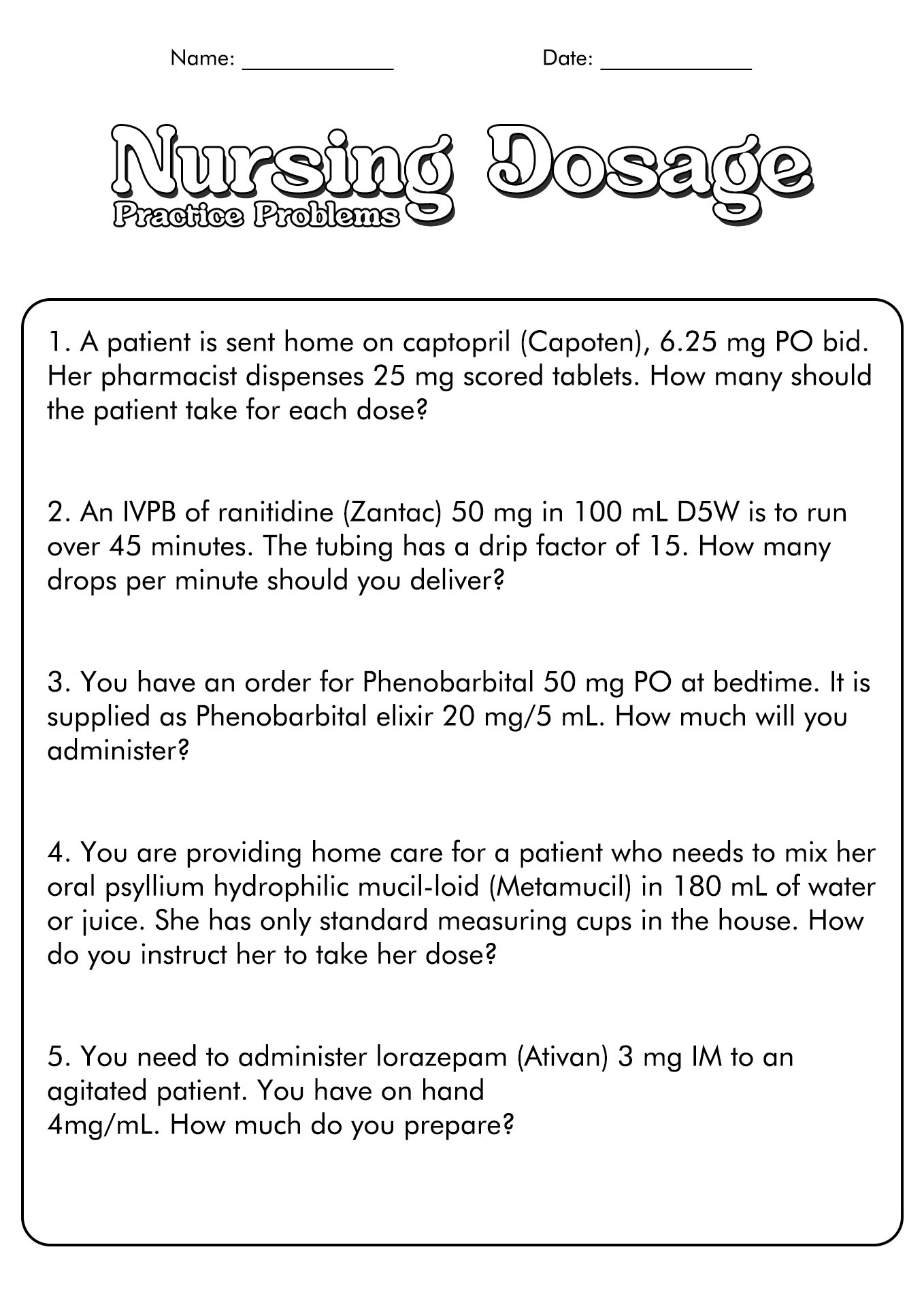 Paramedic Med Math Practice Worksheets With Answers