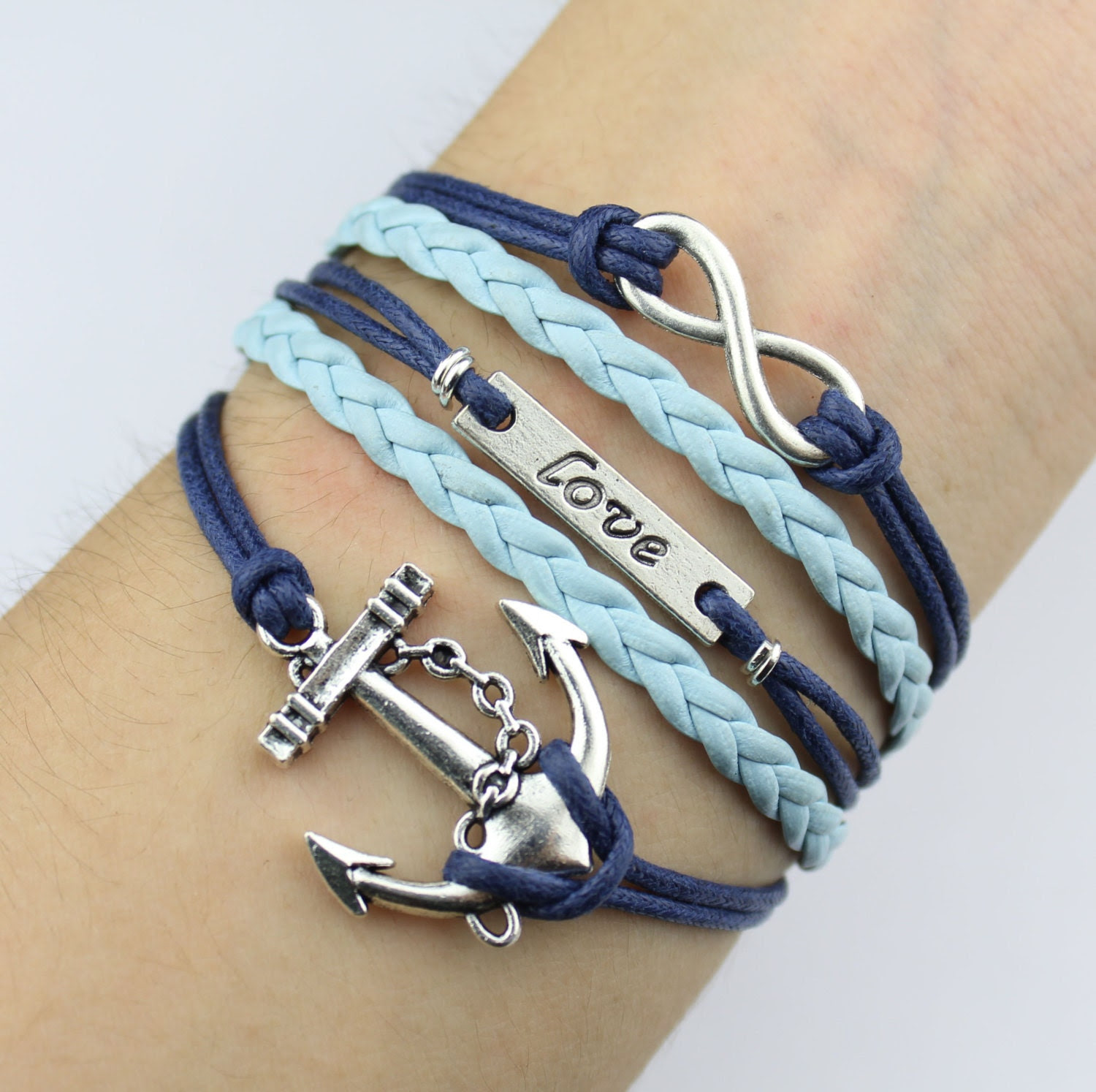 Nautical Bracelet - Antique Silver infinity bracelet, love bracelet, anchor bracelet, Navy Blue wax cord and Braid bracelet - bestgiftdesign Nautical Bracelet - Antique Silver infinity bracelet, love bracelet, anchor bracelet, Navy Blue wax cord and Braid bracelet - bestgiftdesign
