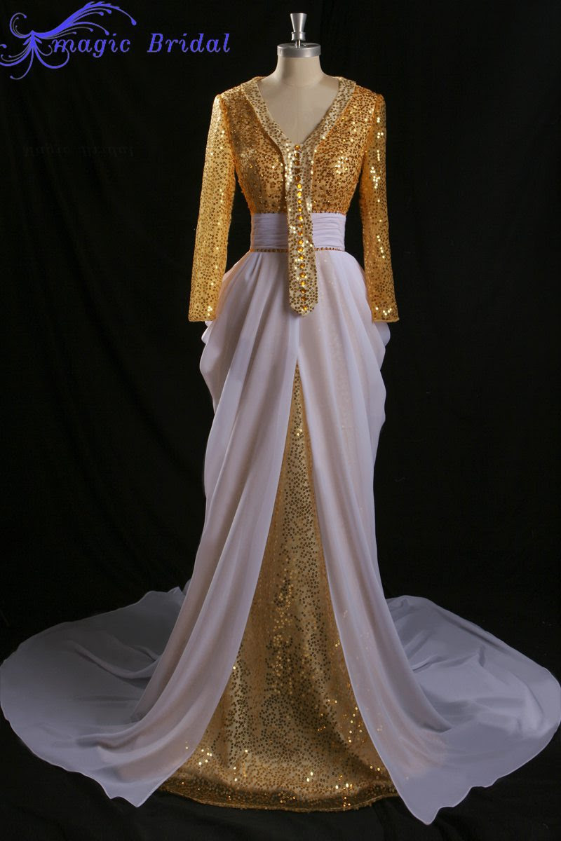2015New Gold Sequin Dress Dubai Kaftan Abaya In Dubai Long Evening Gowns With White Train Arabic