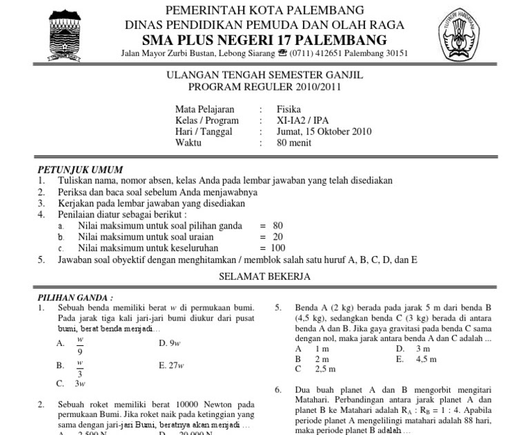 Soal Mid Fisika Kelas 10 Semester 1