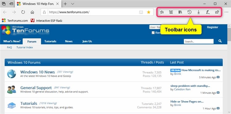 How to add or remove icons at microsoft edge toolbar in windows 10