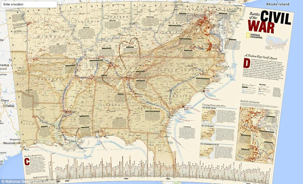 Google's Maps Gallery works like an interactive, digital atlas where anyone can search for and find maps. Collections can be seen on Google Earth and they feature historic city plans, deforestation changes and battles, including this map of the American Civil War. It plots the major land campaigns, Union and Confederate troop movements, major Union naval campaigns, roads, railroads, dates of capture by Union forces and more