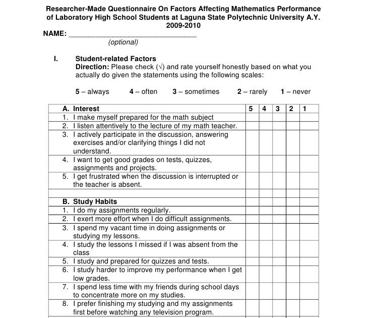 Survey Thesis Questionnaire About Academic Performance - Thesis Title ...