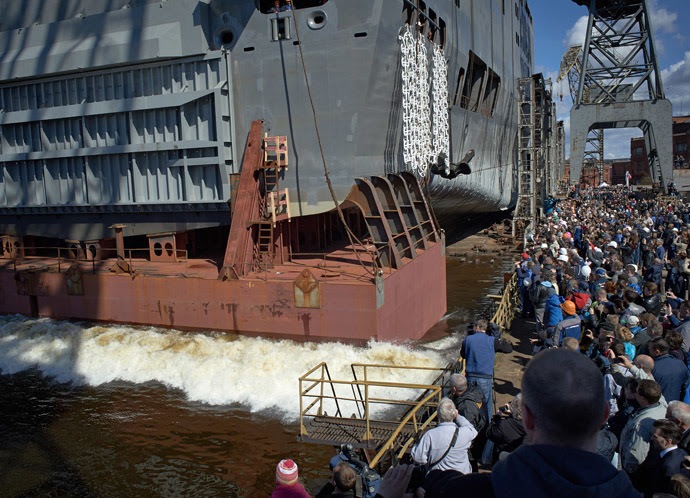 Launching the stern section of a Mistral-class amphibious assault ship at the Baltic Shipyard in St. Petersburg. The ship will be christened the Sevastopol. (RIA Novosti/Alexei Danichev)