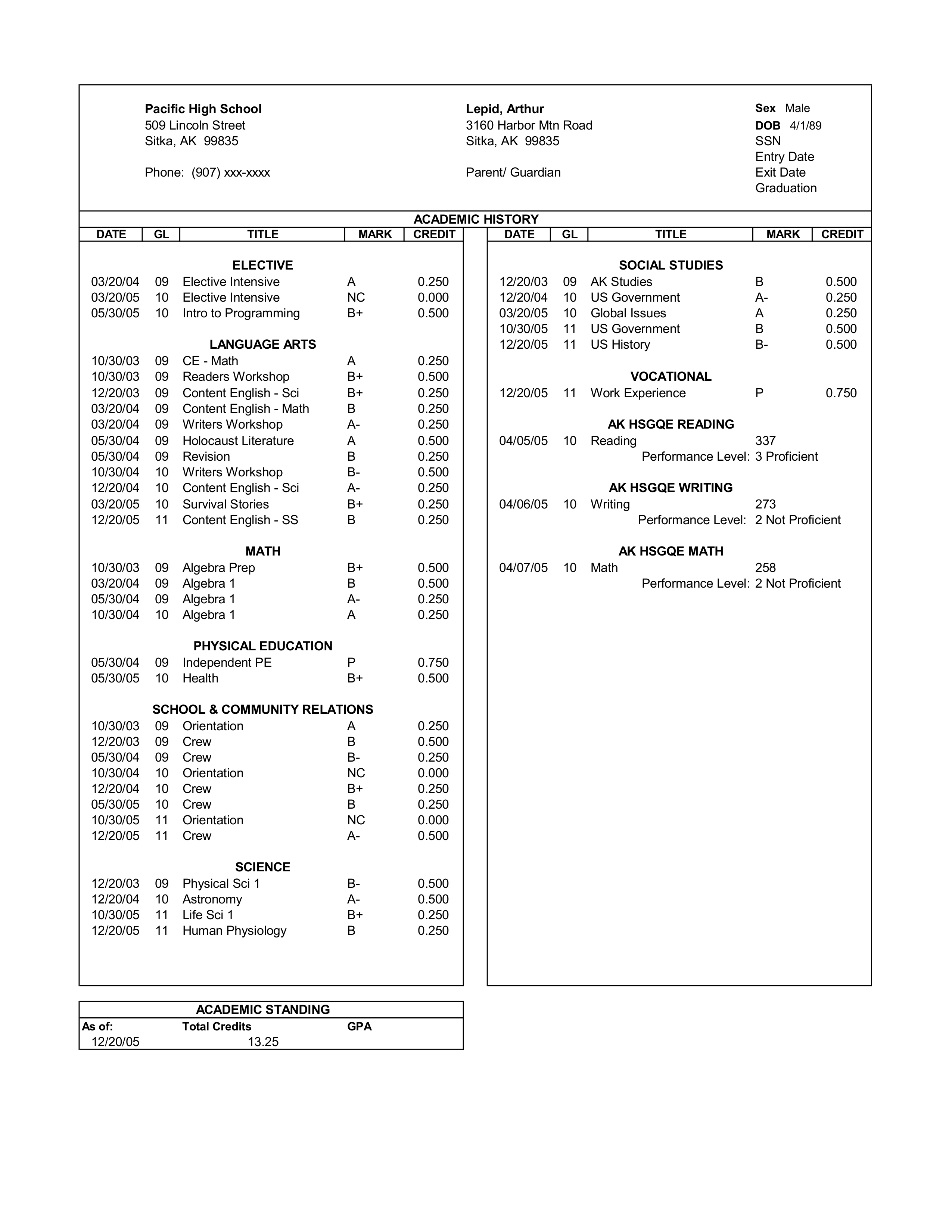 High School Transcript