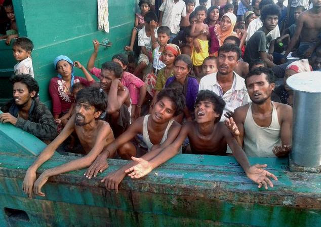 Rohingya migrants on a boat off the southern Thai island of Koh Lipe in the Andaman Sea on May 14, 2015