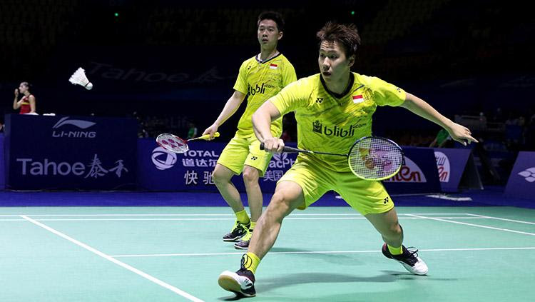 Indosport - Marcus Fernaldi Gideon/Kevin Sanjaya Sukamu ljo kalahkan pasangan Rusia pada babak delapan besar China Open 2017.