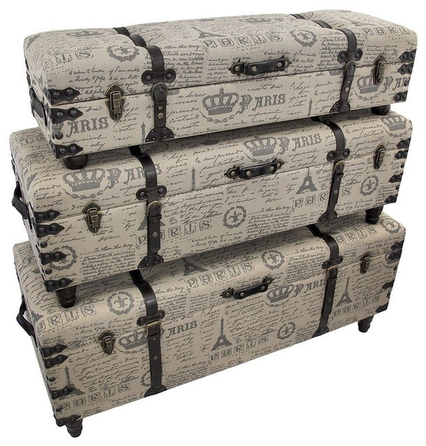 Paris-themed Burlap Covered Bench Trunks - contemporary - benches 