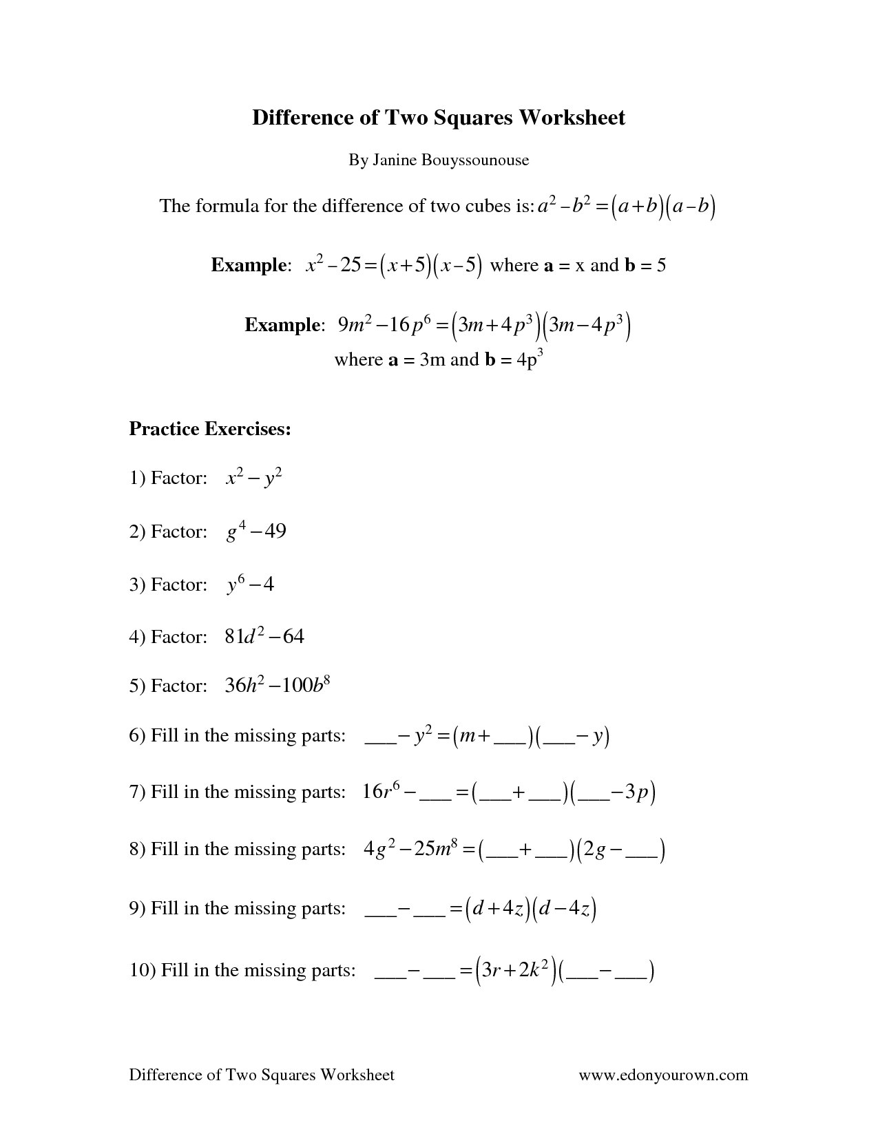 Factoring Differences Of Squares Worksheet - Nidecmege For Factoring Difference Of Squares Worksheet