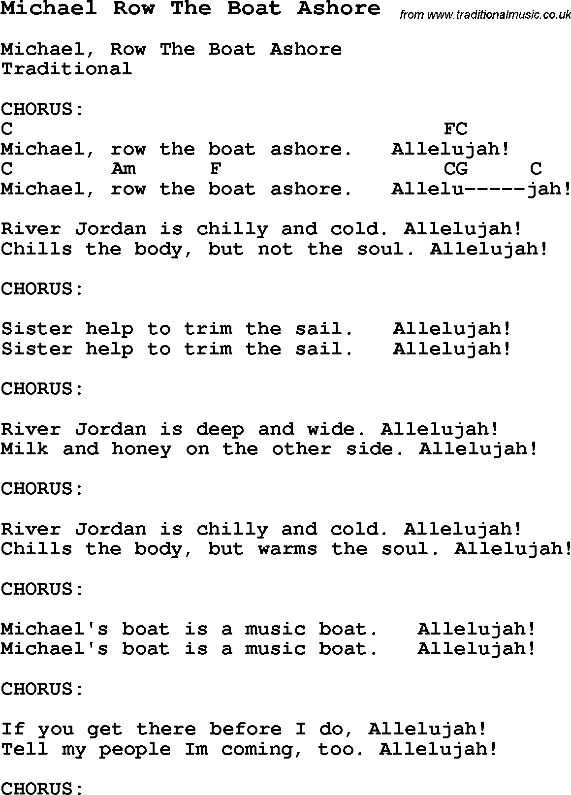 Michael Row The Boat Ashore Lyrics And Chords - Sheet and Chords Collection