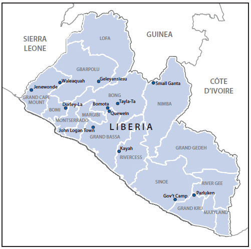 The figure above is a map of Liberia showing the locations of 12 Ebola virus disease outbreaks in remote communities during July 16-November 20, 2014.