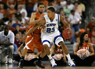 Texas Sophmore Guard D.J. Augustin guards Memphis Freshman Guard Derrick Rose
