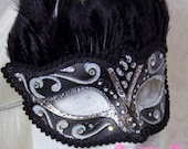 Venetian Feather Mask 'Black Swan' Silver, Masquerade, Carnival, Bridal, Costume, Wedding, Rhinestone, Fetish, Victorian, Steampunk, Queen, - Cherryfox