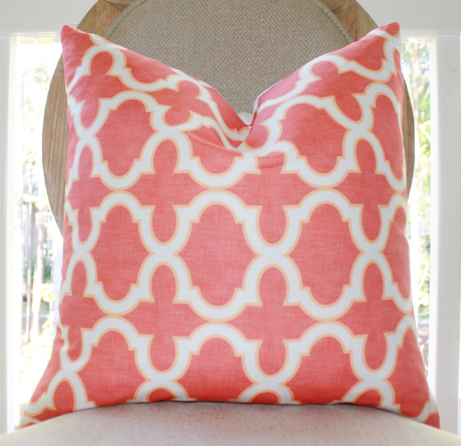 Coral Quatrefoil Pillow - Coral and Orange Quatrefoil Geometric Trellis Designer Cover -Decorative Throw Pillow
