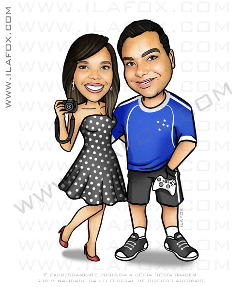 Caricatura casal, corpo inteiro, colorido, uniforme cruzeiro, by ila fox