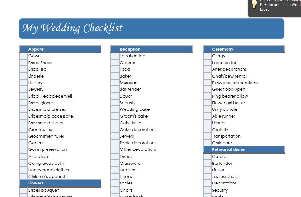 Printable Wedding Checklist Template