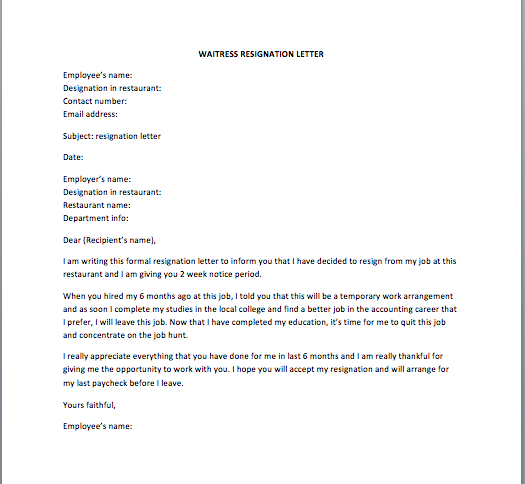 Best Resignation Letter For Restaurant - Sample Resignation Letter
