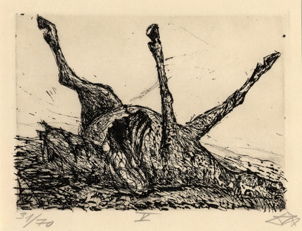 Otto Dix, Der Krieg. Der Krieg no.5 Corpse of a horse (Pferdekadaver) Men were not the only victims of their savagery. The war indiscriminately destroyed anything in its path.