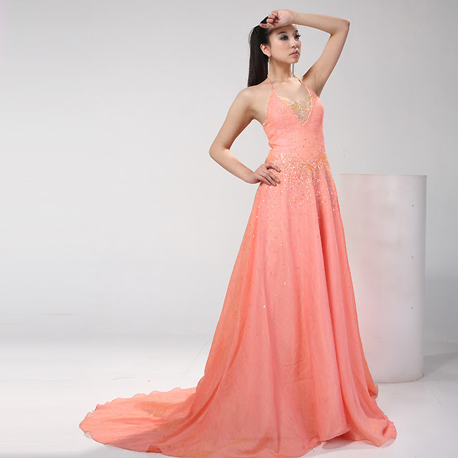 peach long gown for wedding